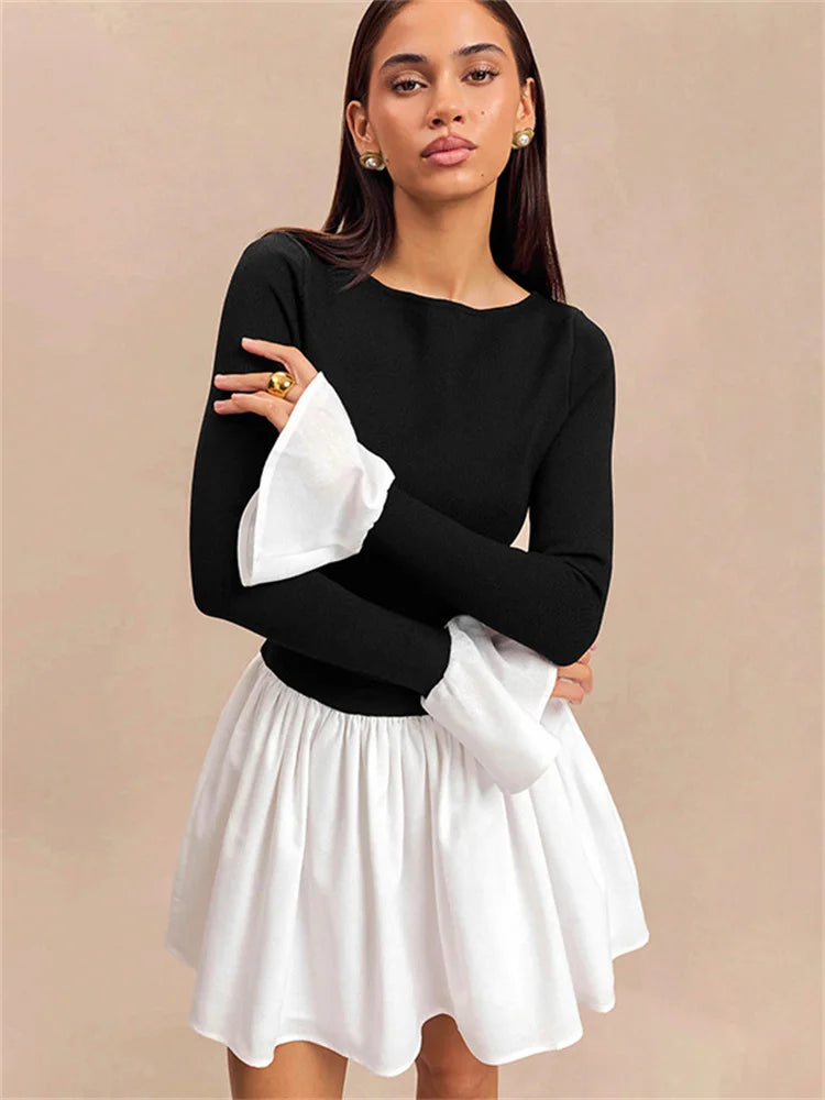 Ruffled Contrast Mini Dress ’s Patchwork High Waist Party Dress Female Y2k Mini Dress New