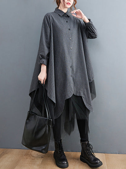 Loose Striped Gauze Split-joint Lapel Long Dress