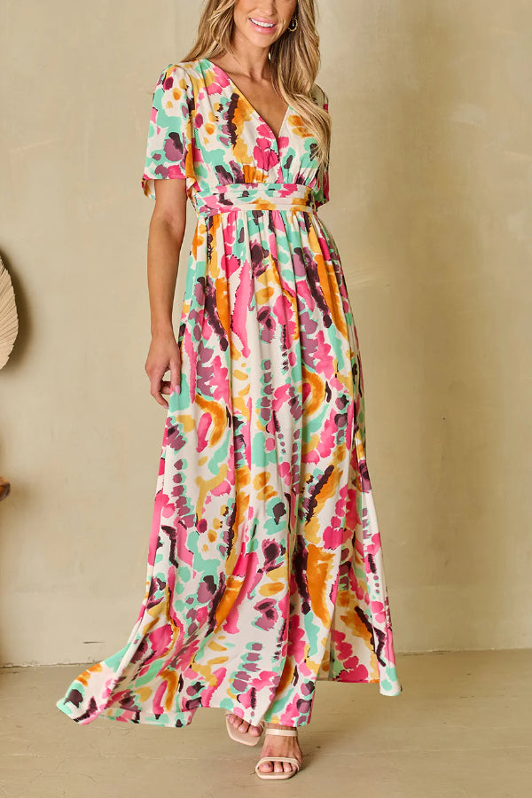Tie-dye Print V Neck Maxi Dress