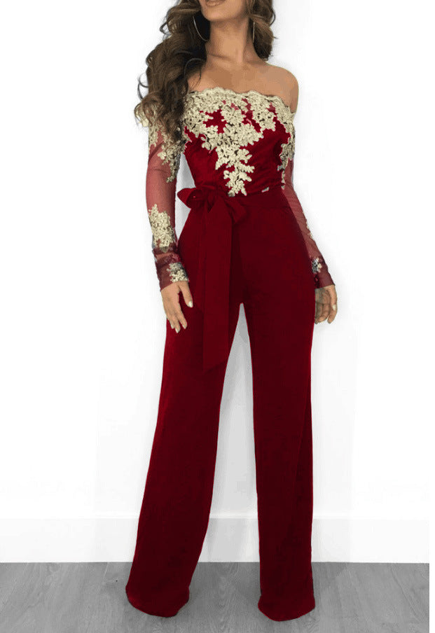 Clothing Water Soluble Lace Off Neck Wide Leg Jumpsuit