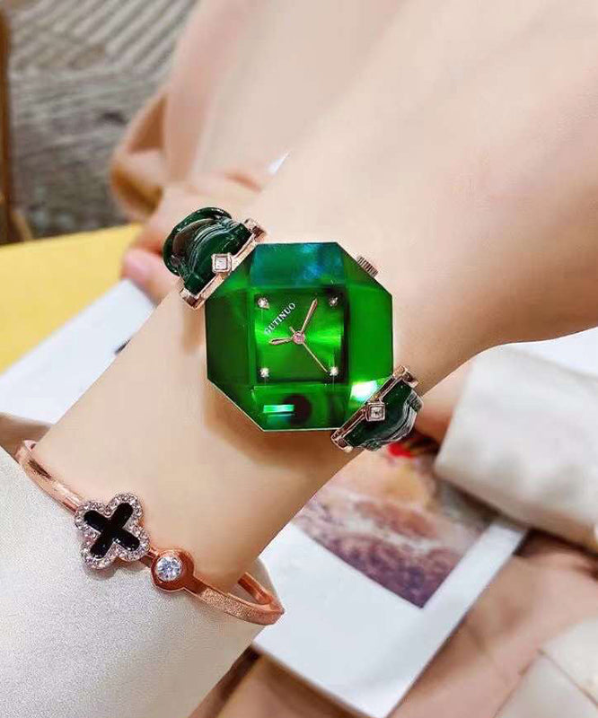 Green Leather Tempered Glass Waterproof Watch