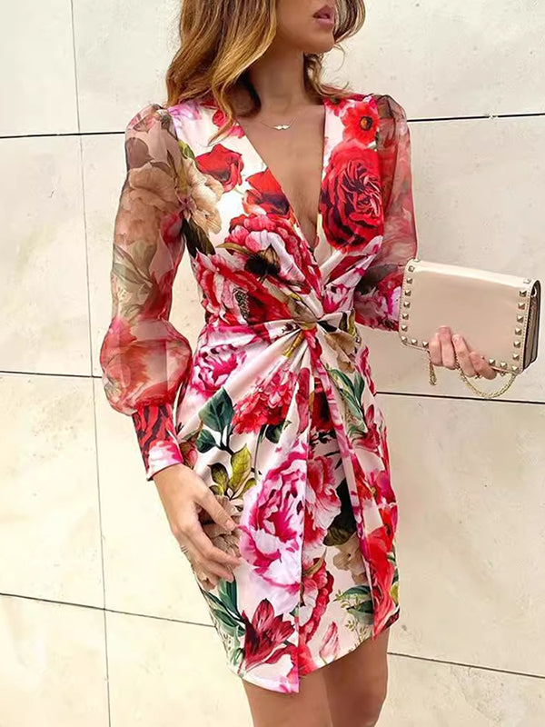 Bodycon Long Sleeves Flower Print Knot Mesh Split-joint Deep V-neck Mini Dresses