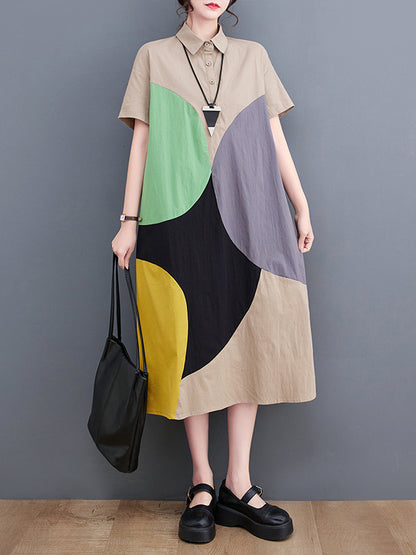 Loose Oversize Color-block Contrast Color Split-joint Lapel Midi Dresses Shirt Dress