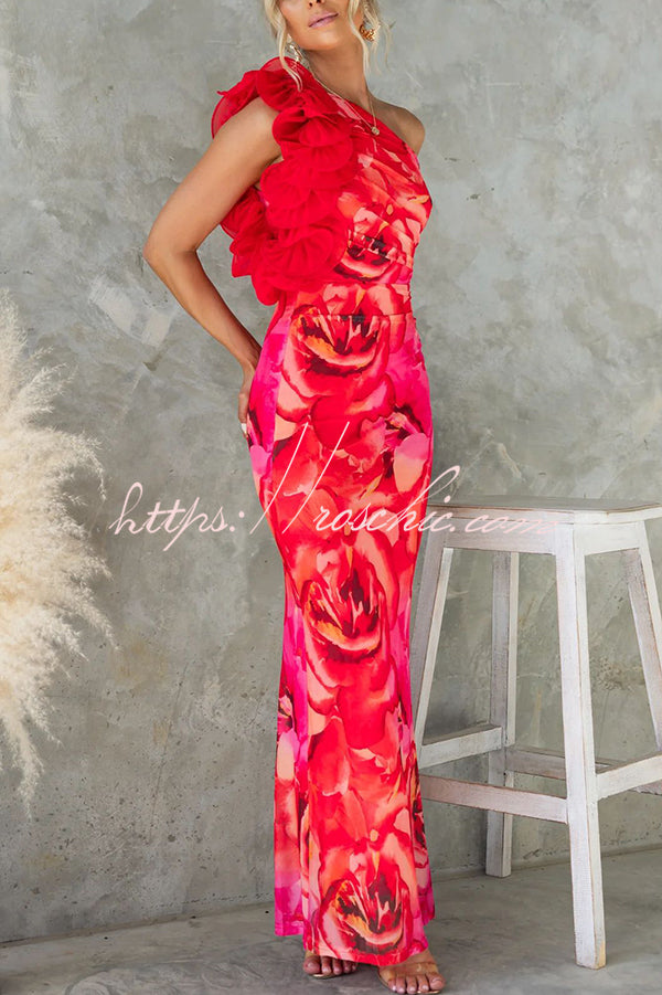 Print Sleeveless 3d Flower One Shoulder Slim Maxi Dress