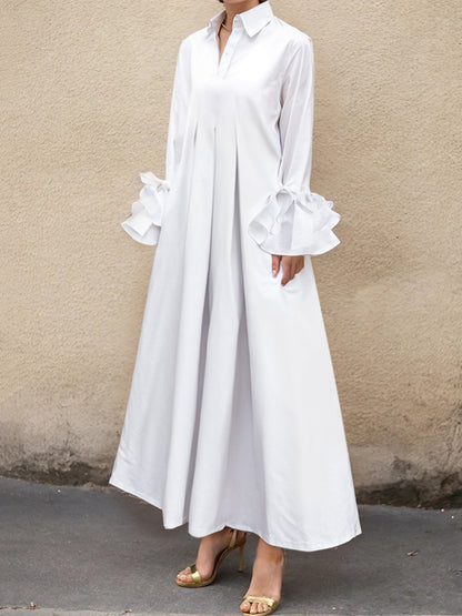 Flared Sleeves Pleated Color Split-joint Lapel Maxi Dresses Shirt Dress
