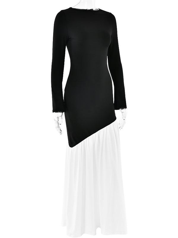 Bodycon High Waisted Contrast Color Pleated Split-joint Round-neck Maxi Dresses