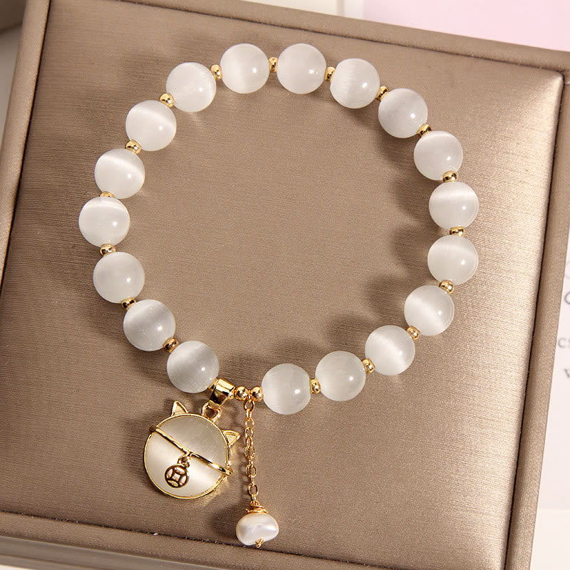Buddha Stones Cat's Eye Cat Pattern Pearl Love Charm Bracelet