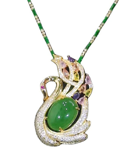 Green Sterling Silver Overgild Jade Cat's Eye Stone Swan Zircon Bamboo Joints Pendant Necklace