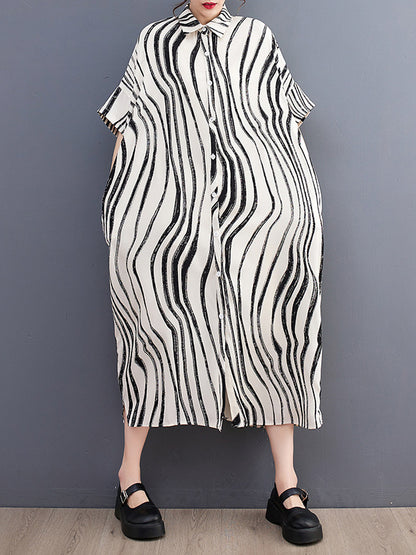 Raglan Sleeve Oversize Zebra-stripe Split-joint Lapel Midi Dresses Shirt Dress