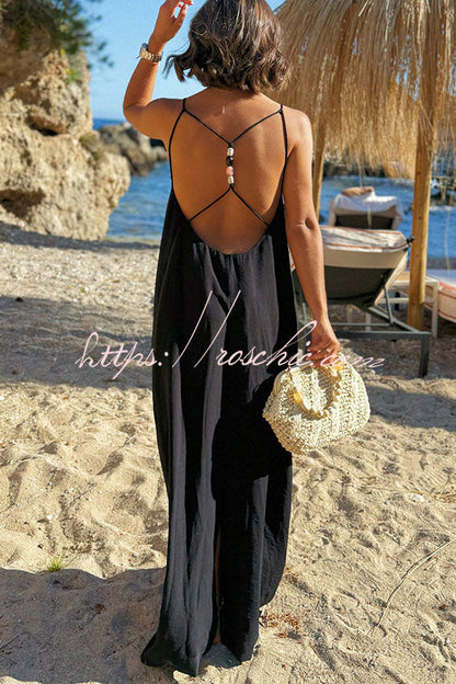 Sunny Beach Straps Unique Beaded Detail Backless Slit Maxi Dress