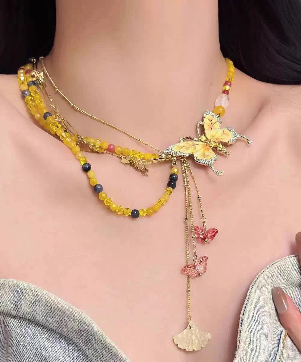 Yellow Alloy Zircon Beading Butterfly Star Pendant Necklace