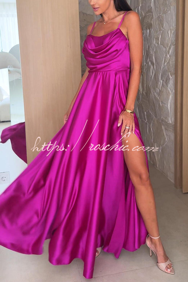 Color Suspender Back Pleated Slit Full Hem Maxi Dress