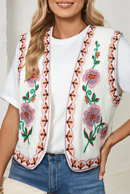 White Embroidered Cardigan Vest