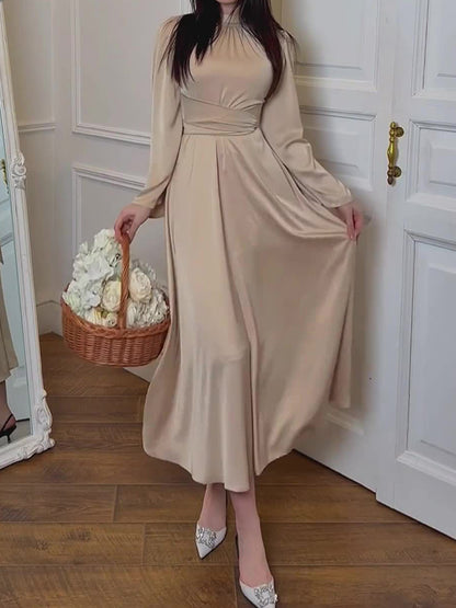 Long Sleeves Loose Pleated Color Tied Waist Mock Neck Maxi Dresses