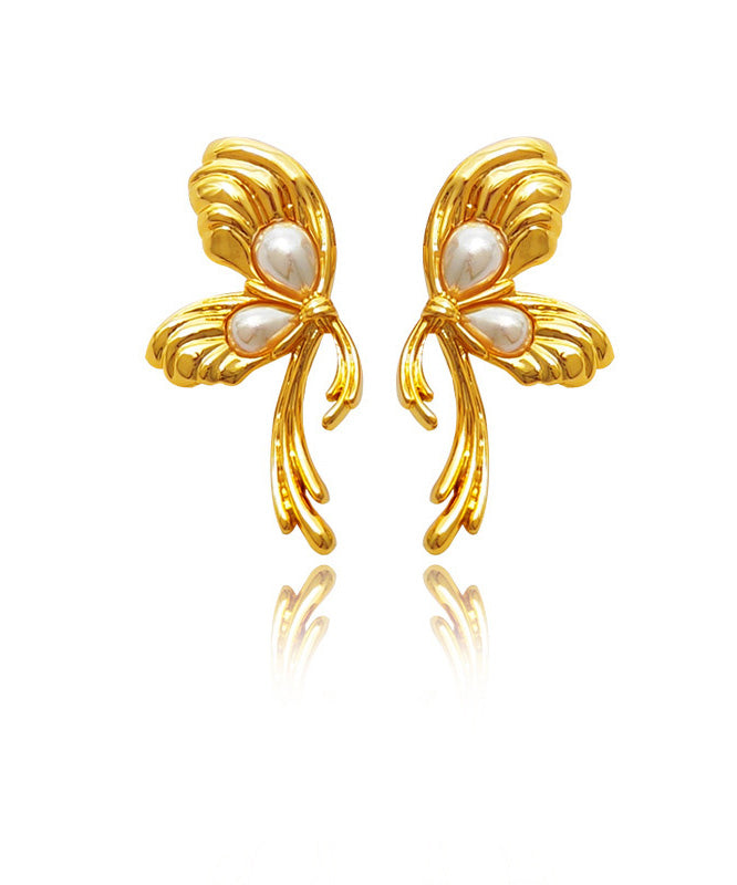 Gold Copper Overgild Pearl Bow Stud Earrings