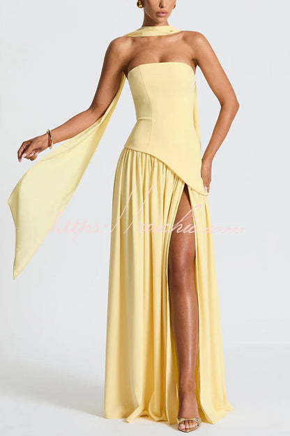 Off Shopulder Chiffon Pleated Hem Scarf Slit Maxi Dress