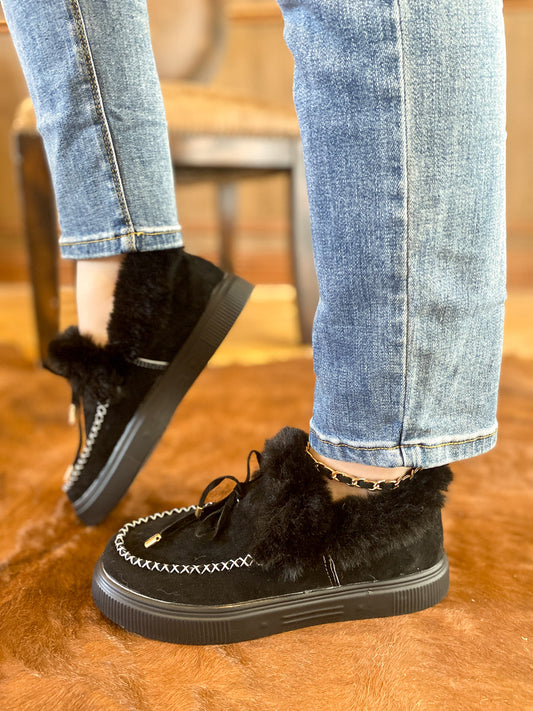 En Bloom | Black Faux-fur Anklet Yana Moccasin