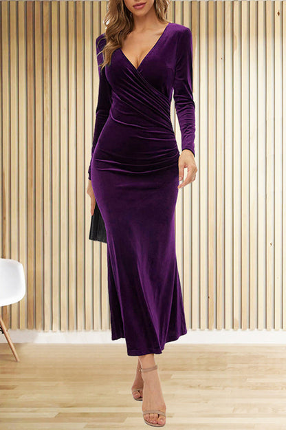 Color Velvet Long Sleeve V-neck Slim Fit Fishtail Maxi Dress