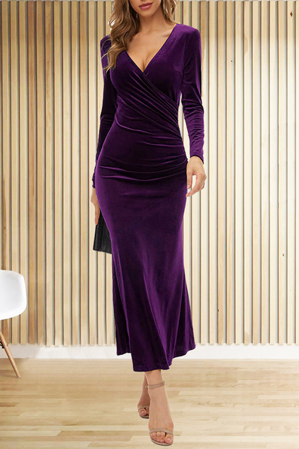 Color Velvet Long Sleeve V-neck Slim Fit Fishtail Maxi Dress