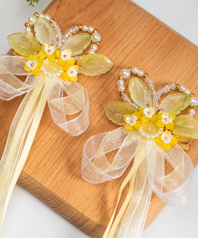 Vogue Yellow Chiffon Ribbon Pearl Colored Glaze Osmanthus Kids a Pair Hairpin