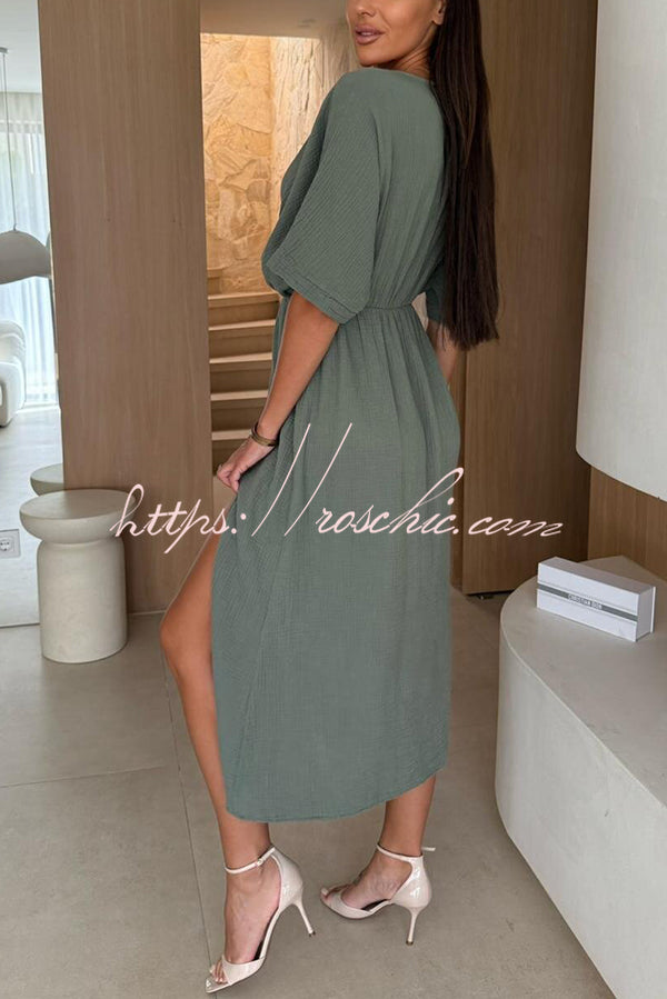 Linen Blend Color V-neck Short Sleeve Waist Loose Slit Midi Dress
