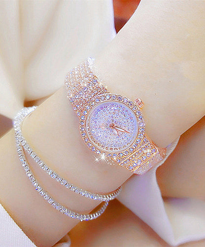Stylish Rose Stainless Steel Zircon Tempered Glass Waterproof Watch