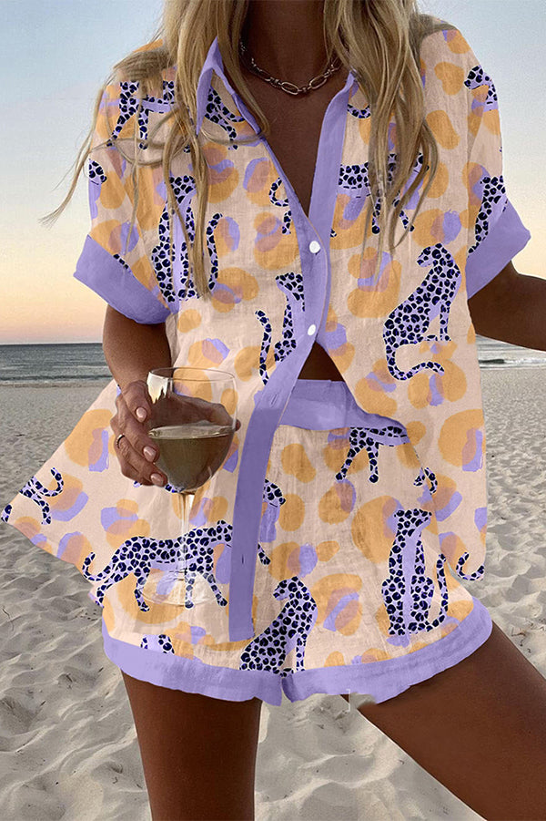 Snow Leopard Print Loose Button Elastic Waist Shorts Set