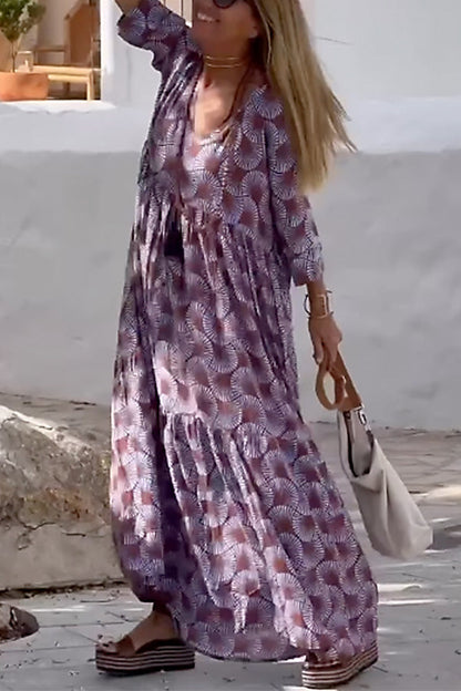Ibiza Print Loose V Neck Long Sleeve Long Dress