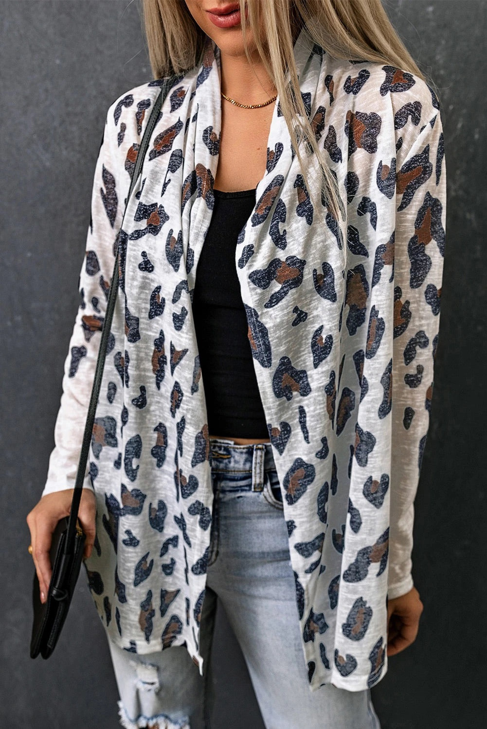 White Leopard Print Open Front Cardigan