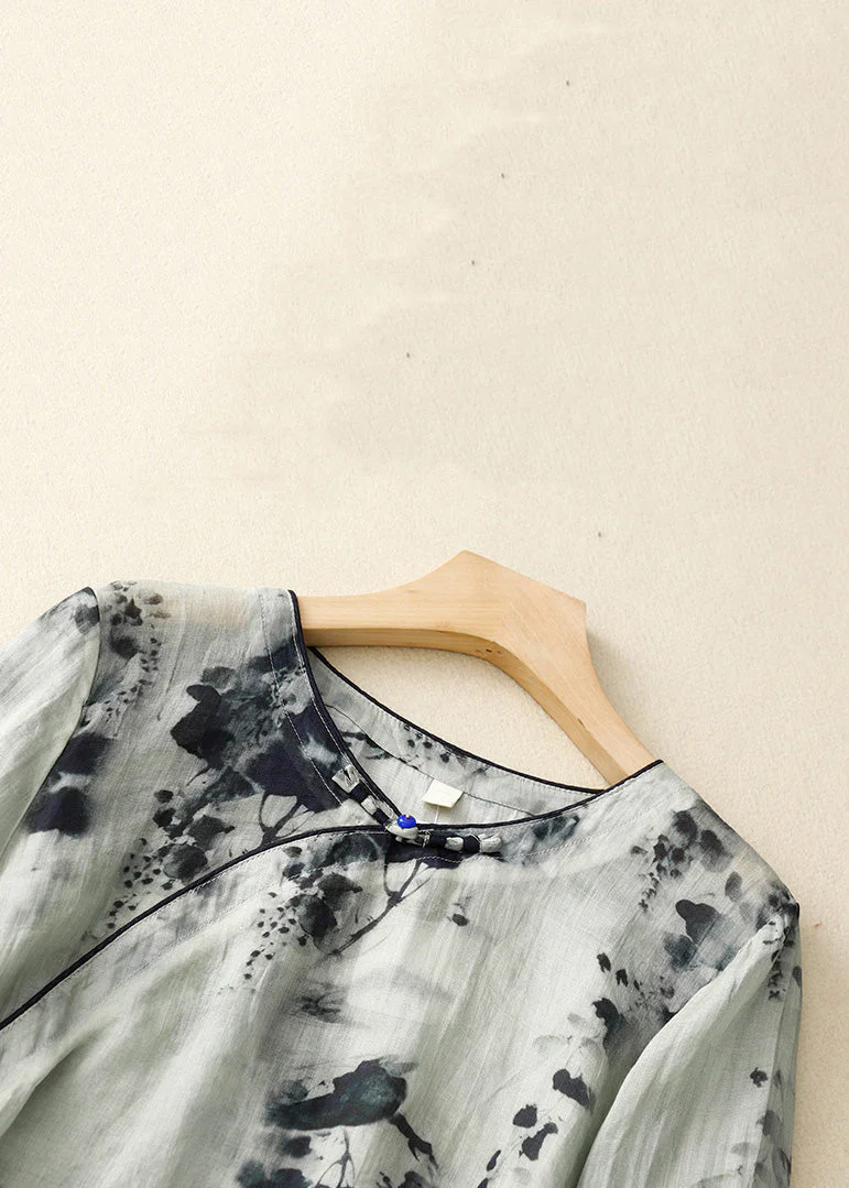 Grey Button Grace Cotton Blouses O Neck Bracelet Sleeve Qr026
