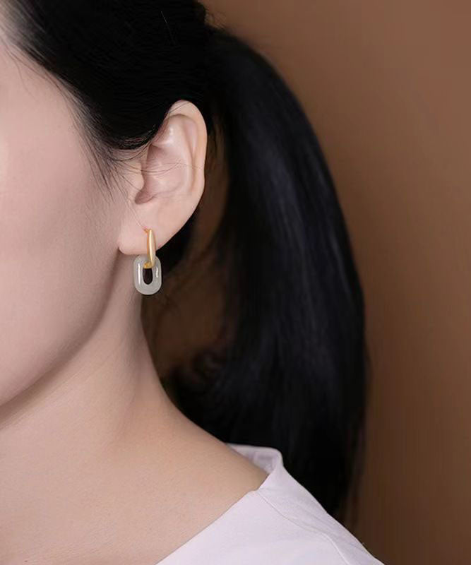 Diy White Sterling Silver Gilded Inlaid Jade Hoop Earrings