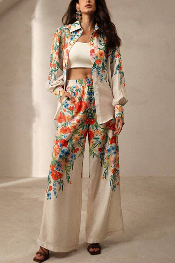 Print Lapel Long Sleeve Shirt and Elastic Waist Pocket Wide Leg Pants Set