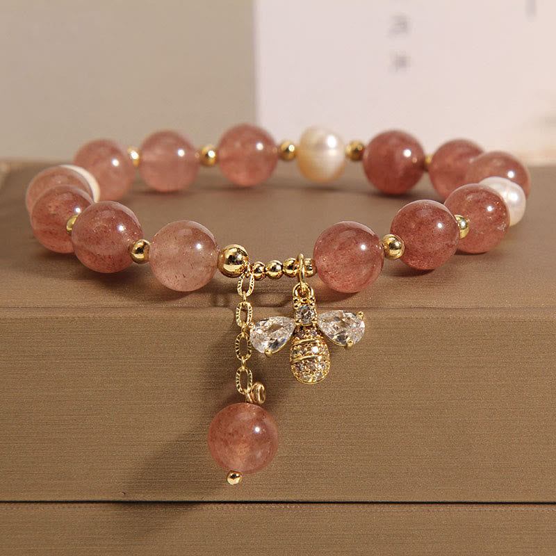 Buddha Stones Strawberry Quartz Pearl Zircon Honeybee Positive Charm Bracelet