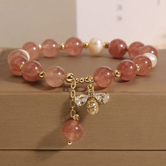 Buddha Stones Strawberry Quartz Pearl Zircon Honeybee Positive Charm Bracelet