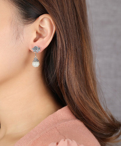 Sterling Silver Inlaid Pearl Lotus Drop Earrings