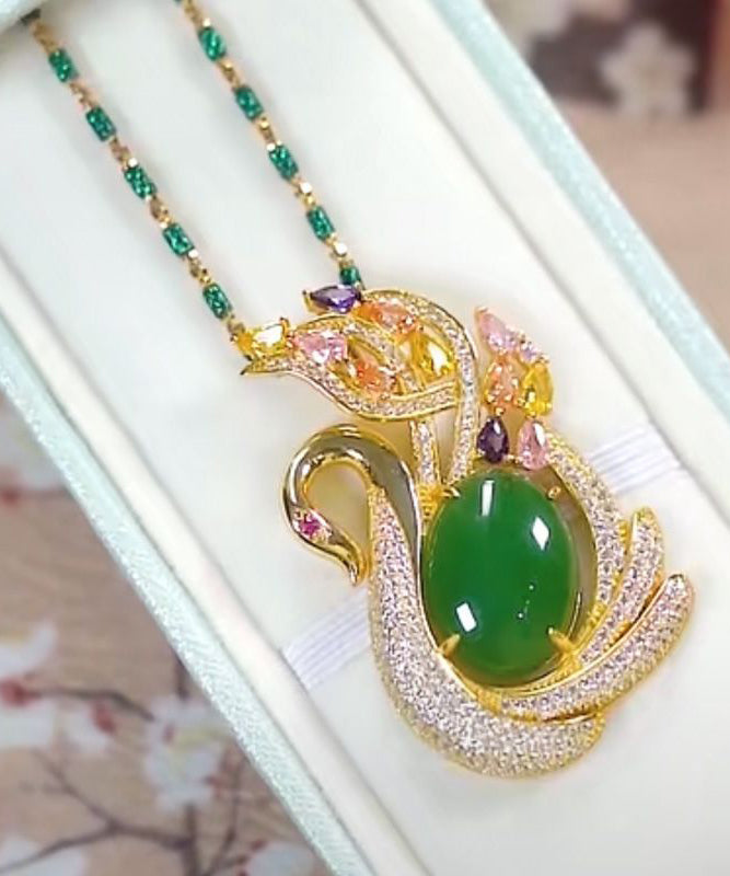 Green Sterling Silver Overgild Jade Cat's Eye Stone Swan Zircon Bamboo Joints Pendant Necklace