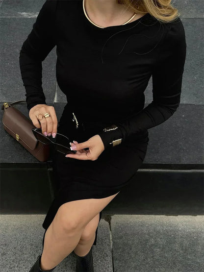 Black Lace-up Long Dress for Skinny High Waist Patchwork Side Split Dress Female Party Maxi Dress