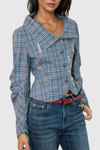 Stand Collar Plaid Button Blouse