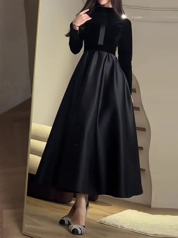 A-line Long Sleeves Pleated Split-joint Zipper Mock Neck Maxi Dresses