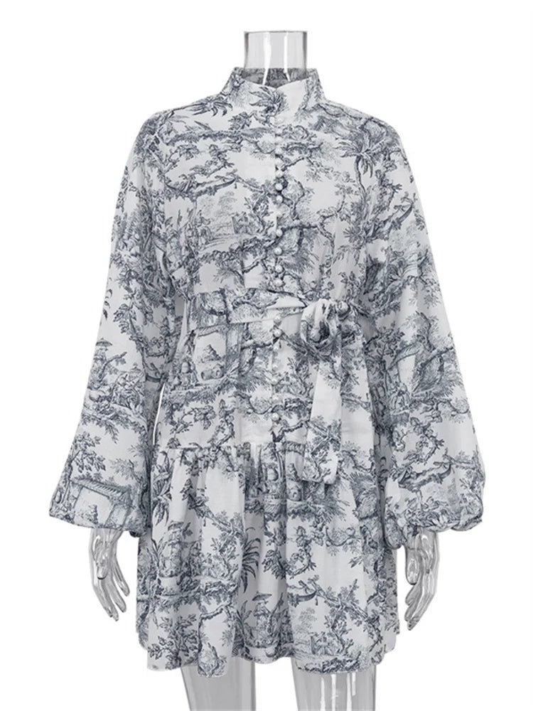 Printed Lace-up Mini Dress – Ruffled Pleated Bandage Dress