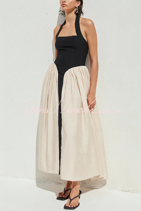 Contrast Color Stitching Sleeveless Backless Slim Maxi Dress