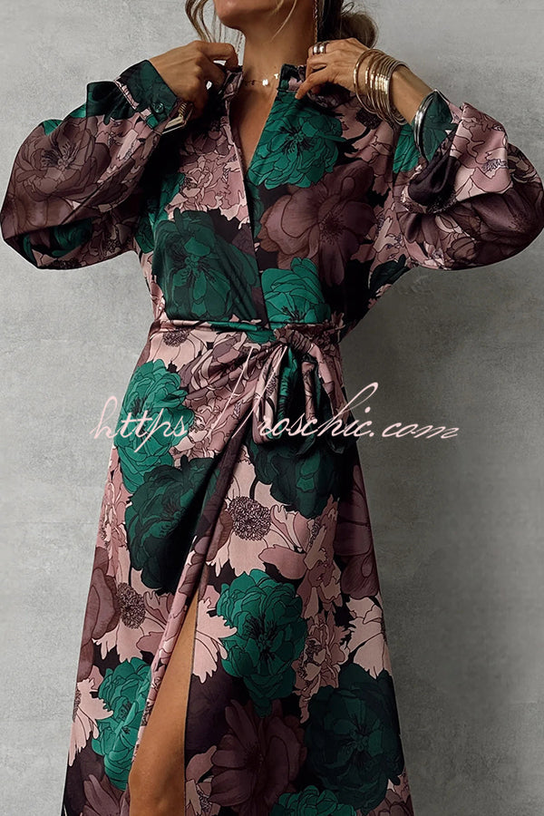 Print Lapel Waisted Lace-up Long-sleeve Maxi Dress