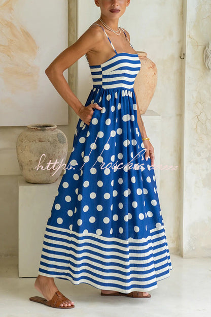 Striped Polka-dot Print Sling Pleated Open-back Maxi Dress