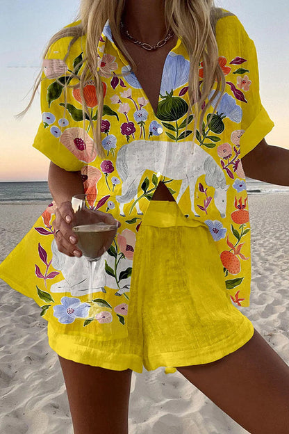 White Horse Print Loose Buttoned Elastic Waist Shorts Set
