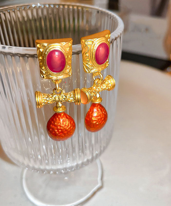 Orange Alloy Inlaid Gem Stone Drop Earrings