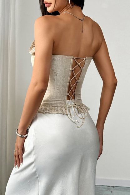 Lace Ruffle Trim Boned Strapless Corset Blouse