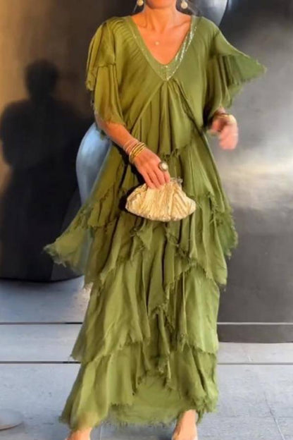 V-neck Fashionable Cake Long Dress
