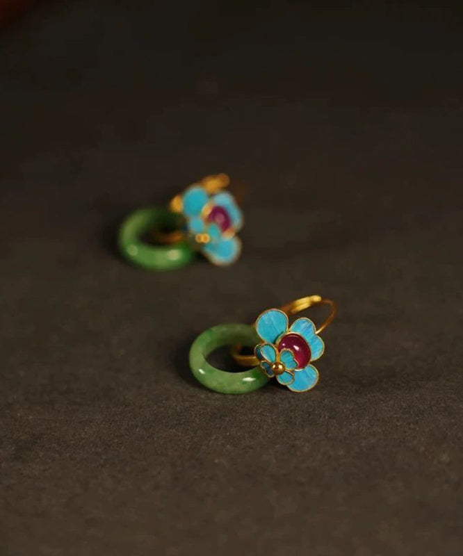Green Sterling Silver Overgild Jade Enamel Ping Buckle Hoop Earrings
