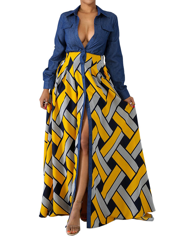 Long Sleeves Loose Buttoned Elasticity Printed Split-joint Lapel Maxi Dresses