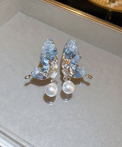 Blue Sterling Silver Zircon Pearl Crystal Butterfly Water Droplet Drop Earrings